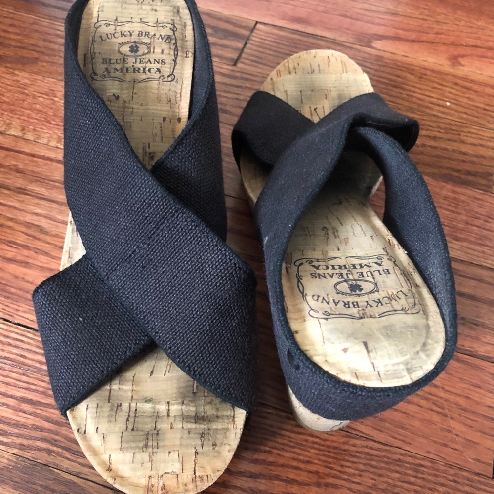 Lucky Brand Black Cork Wedge Sandals